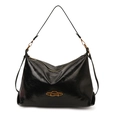 Große schwarze Tote-Tasche in Glanzoptik mit goldenem Metalllogo und Schultergurt - Schwarz
