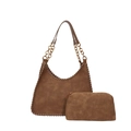 Braune Wildlederoptik Schultertasche mit gewebtem Rand und goldener Kette im Set - Braun