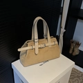 Vintage khaki suede tote bag with belt buckle detail and large capacity handles - Khaki
