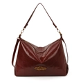 Dunkelrote Oversize-Tote-Bag aus Glanzleder mit goldenem Logo und Schultergurten - Burgunderrot