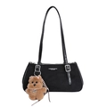 Minimalist black baguette shoulder bag with plush bear charm and silver metal buckles - With Pendant / Black