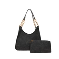 Schwarzes Vintage-Halbmond-Taschenset mit Metallkette und gewebtem Kantendetail - Schwarz