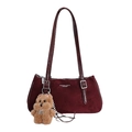 Minimalist burgundy suede baguette bag with leather straps and cute plush bear charm - With Pendant / Red