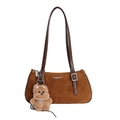 Brown suede shoulder bag with white lettering and cute plush dog pendant accessory - With Pendant / Brown