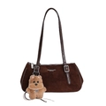 Dark brown matte baguette bag with chic shoulder straps and teddy bear charm - With Pendant / Brown