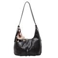 Black crescent hobo shoulder bag in faux leather with cute sheep pendant - With Pendant / Black
