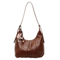 Vintage dark brown faux leather shoulder bag with a cute white plush charm detail - With Pendant / Brown