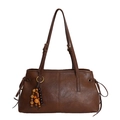 Bolso tote grande marrón retro con piel sintética texturizada y colgante de madera - Con Colgante / Marrón