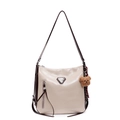 Borsa tote beige minimalista con manici marroni e ciondolo a forma di orsetto - Con Ciondolo / Bianco Crema con Caffè