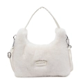 Borsa a mezzaluna in peluche bianco crema con etichetta ricamata e ganci in metallo - Bianco Sporco