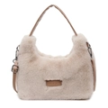 Borsa a tracolla beige in pelliccia sintetica con toppa in pelle e manici in PU - Cachi