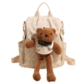Süßer beiger Rucksack aus Kunstleder mit Bärenmuster und einem kleinen Plüschbären - Mit Bärenanhänger / Gebrochenes Weiß / 【produktmerkmale】dieser Hellbeige Rucksack Im Cartoon-stil Ist Mit Einem Dunkelbraunen Bärenmotiv Bedruckt Und Besteht Aus Kunstleder. Auf Der Vorderseite Befindet Sich Ein Dreidimensionaler Plüschbär-anhänger Mit Langen Beinen Der Mit Einem Dunkelblauen Schal Mit Dem Aufdruck „lazybr“ Kombiniert Ist. Der Rucksack Verfügt Über Einen Tragegriff Seitentaschen Sowie Reißverschlüsse Und Schnallen Aus Metall. 【visuelle Präsentation】das Bild Hat Einen Reinweißen Hintergrund Ist Zentriert Und Übersichtlich Komponiert. Die Bildqualität Ist Hoch Das Motiv Klar Und Die Textur Deutlich Erkennbar. Die Ästhetik Ist Hoch Die Gesamtbewertung Liegt Bei 82 Und Der Stil Wirkt Frisch Und Lebendig. 【textinhalt】der Textbereich „product_text“ Enthält Informationen Zum Anhänger Schal Und Rucksackaufdruck. Er Ist Teil Des Produktdesigns Und Wird Nicht Weiterverarbeitet. 【logistik-tags】keine. 【risiko Von Urheberrechtsverletzungen】produktverletzung: Keine Wahrscheinlichkeit [01] Gehört Zu Allgemeinem Cartoon-charakterdesign; Hintergrundverletzung: Keine. 【produktmerkmale】cartoon-print Plüschanhänger Schultergurte Griffe Seitentaschen Metallaccessoires.