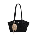 Chic black faux suede underarm tote bag with cute brown plush puppy charm - With Pendant / Black