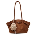 Brown suede tote bag with decorative straps and a plush dog charm for autumn style - With Pendant / Yellow Brown