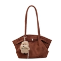 Dark brown suede tote bag with stylish plush dog pendant and pearl collar accessory - With Pendant / Brown
