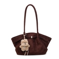 Vintage matte coffee tote bag in faux suede with shoulder strap and plush dog charm - With Pendant / Coffee
