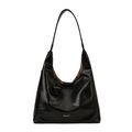Glossy black tote bag with white logo and thin shoulder strap for daily commuting - Glossy Black Leather