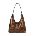 Retro deep brown glossy leather hobo shoulder bag with a minimalist round silhouette - Glossy Brown Leather