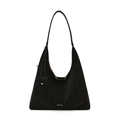 Large black suede hobo tote bag with brand logo and small decorative hanging pouch - Black