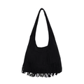 Black faux suede tote bag featuring bohemian tassels and a wide shoulder strap - Black
