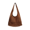 Bohemian dark brown suede hobo bag with tiered fringe details and shoulder strap - Brown