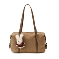 Bolso de hombro vintage de cuero esmerilado marrón con colgante de conejo y hebilla - Con Colgante / Caqui
