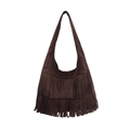 Deep coffee brown suede hobo bag with double-layered fringe and wide strap - Brown