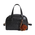 Retro black leather handbag with a plush dog charm and textured finish on white background - With Pendant / Black