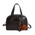 Dark brown faux leather Boston bag with a cute plush dog charm and crossbody strap - With Pendant / Coffee