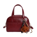 Retro burgundy shoulder bag in glossy faux leather with brown bear charm pendant - With Pendant / Red