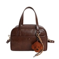 Vintage dark brown Boston bag in lychee pattern PU leather with teddy bear charm - With Pendant / Brown
