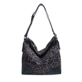 Large leopard print tote bag in grey-black with leather reinforced corners and strap - Black