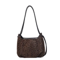 Chic leopard print hobo bag with black slim straps and drawstring details on white backdrop - Coffee