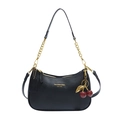 Black lychee texture chain handbag with golden logo lettering and cherry charm - With Pendant / Black