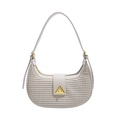 Schicke cremefarbene gewebte Hobo-Tasche mit goldener Dreiecksschnalle und Gurt - Gebrochenes Weiß