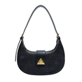 Klassische schwarze gewebte Hobo-Tasche aus Leder mit goldenem Dreiecks-Verschluss - Schwarz