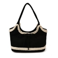 Grand sac cabas en daim noir avec bordure en peau de mouton blanche et nœud décoratif - Noir