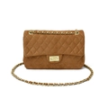 Close-up of brown suede quilted crossbody bag with gold chain strap and metal turn lock - Yellow Brown