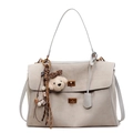 Bolso tote retro de ante beige con cierres de giro y un colgante de oso - Gris Con Colgante