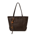 Bolso tote marrón oscuro de piel sintética con textura vintage y borla de madera - Con Colgante / Marrón