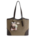 Chic leopard print tote bag with dark brown leather straps and cute plush bear charm - With Pendant / Dark Green Leopard