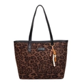 Borsa tote leopardata con manici in pelle nera e accessorio ciondolo con perline etniche - Con Ciondolo / Leopardo Caffè