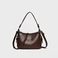 Brown litchi grain leather handbag for women with adjustable crossbody shoulder strap - Brown