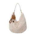 Beige faux fur hobo bag with a plush leopard-eared charm and smooth white shoulder strap - Apricot With Pendant