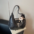 Vintage black PU leather tote bag with fluffy sheep charm and flap magnetic closure - Black With Pendant