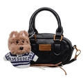 Retro black baguette handbag with vintage metal plate and cute brown plush puppy charm - 16*5*10 / Black With Pendant
