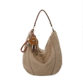 Brown faux fur hobo bag with matching fuzzy charm and thin shoulder strap - Khaki With Pendant