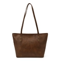 Retro dark brown leather tote bag with bronze rivet details and long shoulder straps - Brown