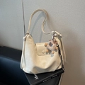 Borsa tote minimalista in pelle PU bianco crema con tracolla larga regolabile - Bianco Con Pendente