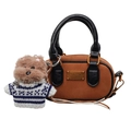 Brown suede baguette handbag with black leather handle and plush puppy charm detail - 16*5*10 / Brown with Pendant